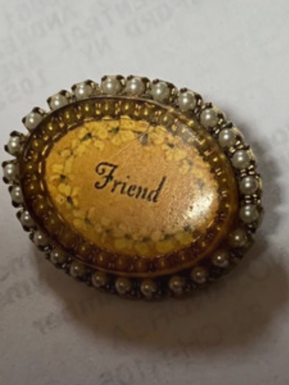 Maxima Yellow Oval 'Friend' Pearl-Edged Enamel Brooch